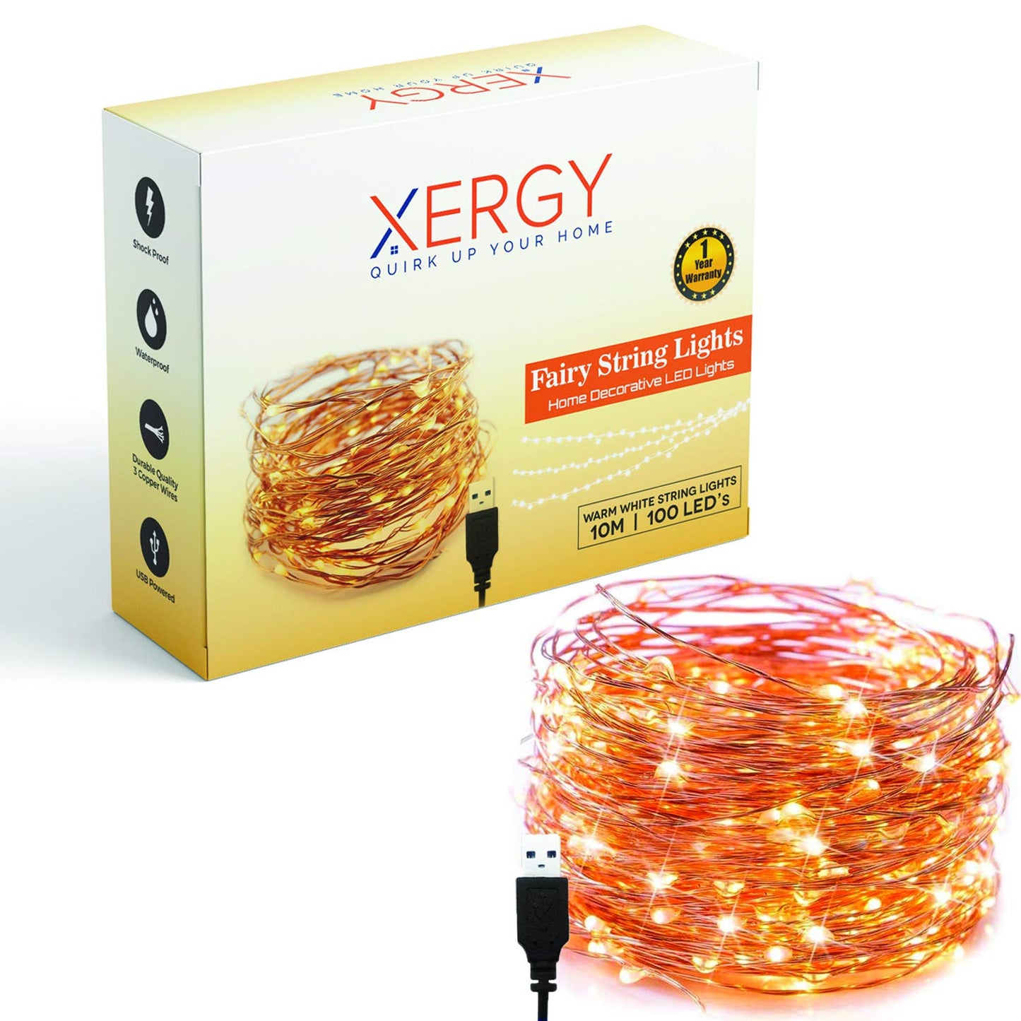 XERGY 20 Meter 200 LED's Waterproof Fairy Decorative Stary String Light - 2 M USB Powered (3 Copper Wires, Sturdy Quality) Warm White - Home DIY NYE Decoration Lights Diwali lights for home decoration