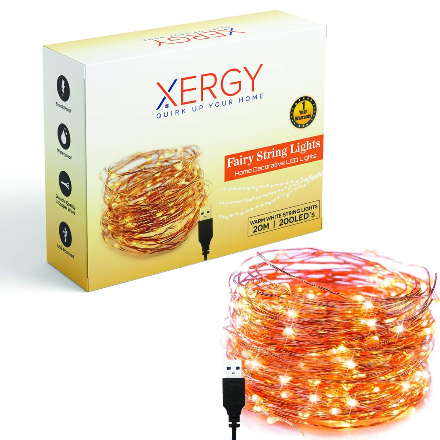 XERGY 20 Meter 200 LED's Waterproof Fairy Decorative Stary String Light - 2 M USB Powered (3 Copper Wires, Sturdy Quality) Warm White - Home DIY NYE Decoration Lights Diwali lights for home decoration